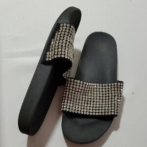Black Slide Sandals with Rhinestone Straps